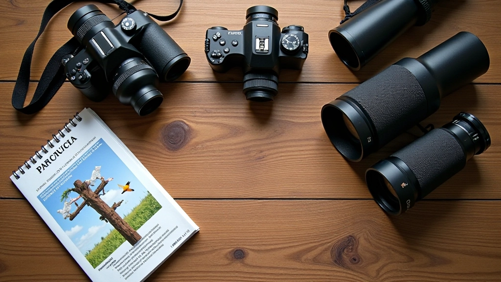 Nowoczesny sprzęt do obserwacji przyrody, lornetka, luneta, lornetka powietrzna, aparat fotograficzny na szarej powierzchni